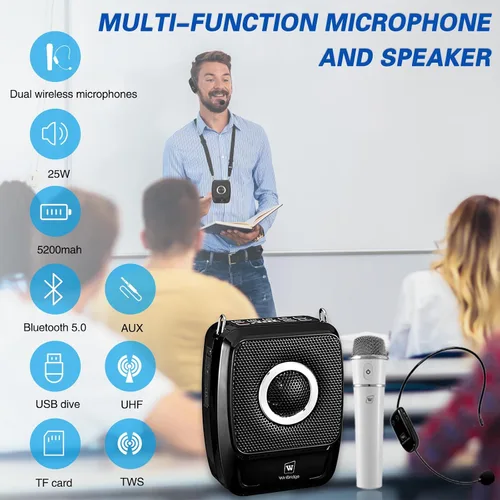 Miniatura 3 de Amplificador de voz con micrófonos profesionales duales, micrófono portátil inalámbrico de 25 W y sistema de altavoces, altavoz Bluetooth