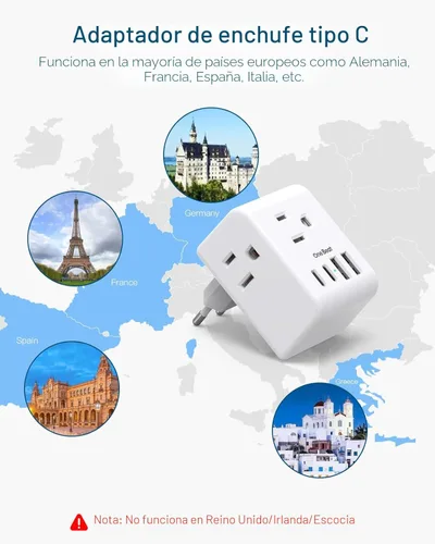 Miniatura 3 de Paquete de 2 adaptadores de enchufe de viaje europeos, adaptador de enchufe internacional con 3 tomas, 3 puertos de carga USB (1 USB C), adaptador