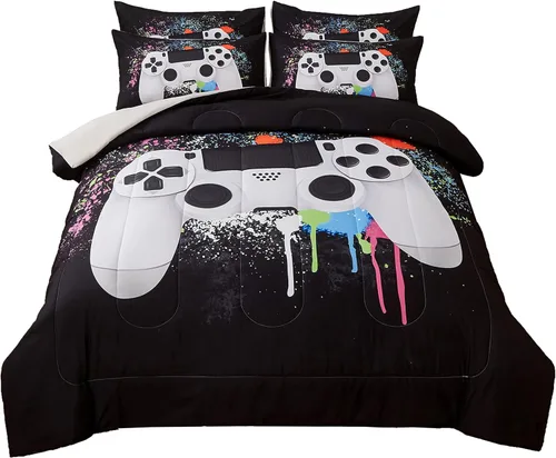 Miniatura 8 de akkialla Juego de ropa de cama de tamaño Queen para niños, niñas y adolescentes, juego de edredón con control de videojuegos (3 piezas) edredón