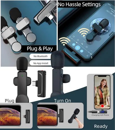 Miniatura 5 de NPTCL Paquete de 2 micrófonos Lavalier USB C inalámbrico Lav Mic para teléfono Android Cancelación de ruido Mini micrófono de solapa tipo C