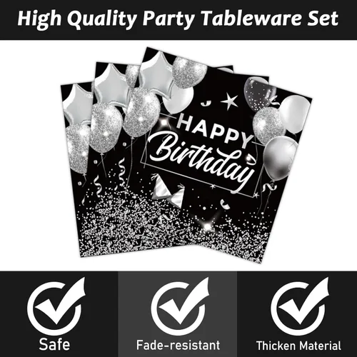Miniatura 4 de 96 piezas de decoraciones de fiesta de feliz cumpleaños en negro, blanco y plateado, juego de vajilla de cumpleaños, confeti espolvoreado, platos