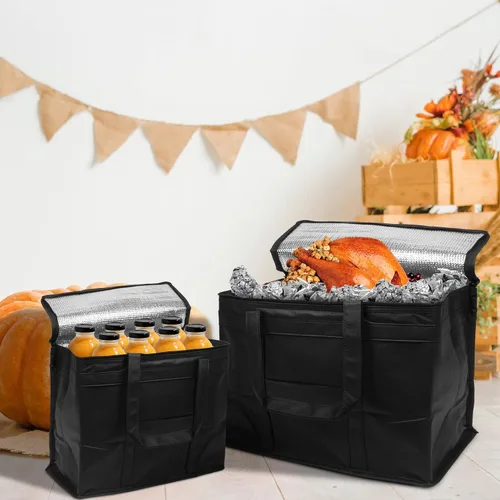 Miniatura 6 de APQ Supply Bolsa de entrega de alimentos aislada negra, bolsas de comestibles aisladas con cierre superior, bolsa de catering para entregas