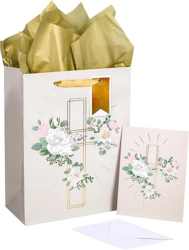 LeZakaa Bolsa de regalo de cruz de 13 pulgadas con diseño de flores, bolsa de regalo cristiana plateada con papel de seda, etiqueta de regalo y Cruz