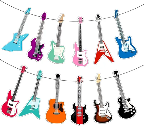 Cartel de feliz cumpleaños de guitarra, decoración geométrica multicolor para fiestas temáticas de música para niños y niñas, 5 x 78 pulgadas