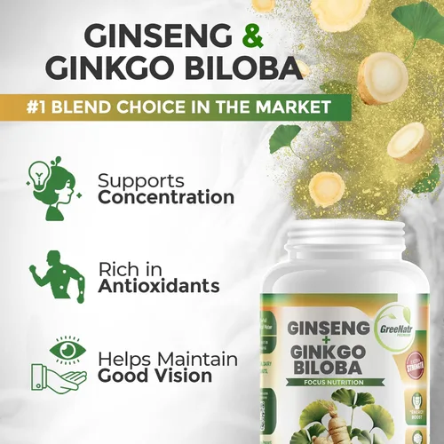 Miniatura 2 de GreeNatr - Tabletas de ginseng y ginkgo biloba - Súper alimento superior no transgénico/vegetariano – Potenciador de energía y activador cerebral