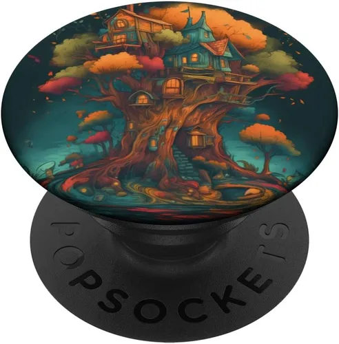 Una casa del árbol caprichosa ubicada en un bosque colorido. PopSockets Fantasy PopGrip intercambiables
