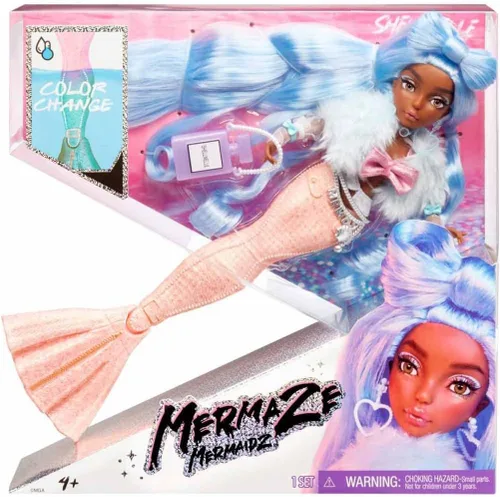 Miniatura 3 de MERMAZE MERMAIDZ Muñeca de sirena Shellnelle que cambia de color con atuendo y accesorios de diseñador, cabello elegante y cola esculpida, posable