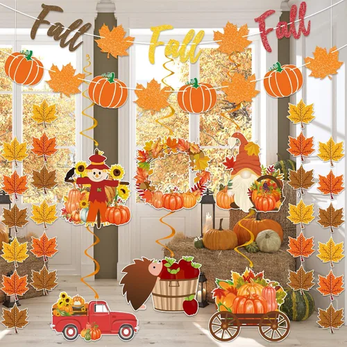 Miniatura 6 de Suministros de decoración de fiesta de otoño, NO DIY, el juego de decoración del hogar de otoño incluye pancarta de otoño con purpurina, guirnalda