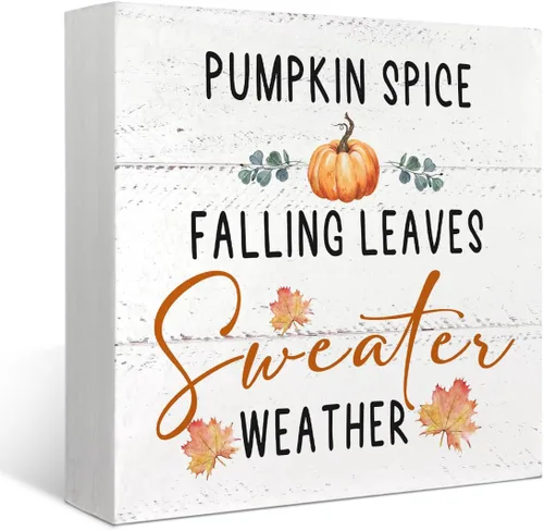 Mtrgdn Decoraciones de otoño para el hogar, diseño rústico de calabaza con hojas que caen y hojas que caen, letrero de caja de madera, decoración de