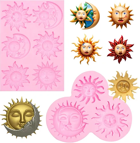 Miniatura 10 de Juego de moldes de silicona, formas de estrella de sol y luna, rosa, moldes para hornear dulces de chocolate, 5 piezas con temática celestial