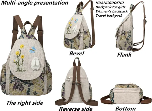 Miniatura 124 de HUANGGUOSHU Mochila de algodón tejida de algodón bohemio con bordado de lona estilo bohemio con múltiples bolsillos retro linda mochila cartera