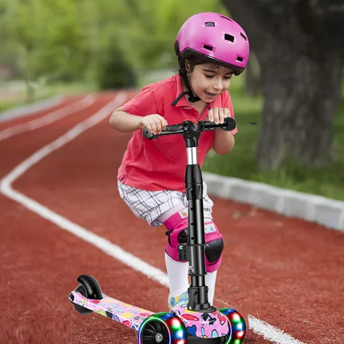 Miniatura 6 de Patinete 2 en 1 para niños de 3 a 8 años, altura ajustable, asiento extraíble, 3 ruedas de luz LED, actividades al aire libre para niños y niñas Rosa