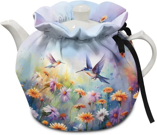Miniatura 20 de DISNIMO Funda de tetera aislada a prueba de polvo con diseño floral de colibrí, para mantener el calor, accesorios decorativos, colcha