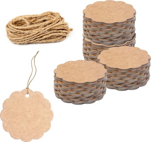 200 etiquetas de regalo de papel estraza festoneado con cuerda de yute natural de 100 pies para embalaje de manualidades, la etiqueta mide 2.4 Color