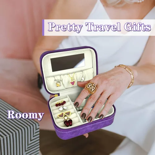 Miniatura 6 de Organizador de joyas de viaje, regalo para mujeres y niñas, caja de joyería de viaje grande portátil, estuche de joyería de viaje morado