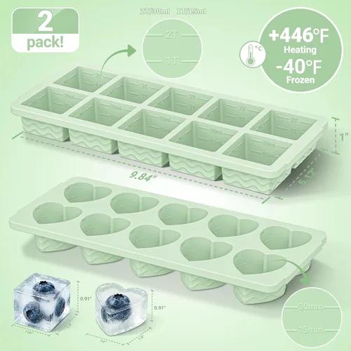 Miniatura 2 de Doasuwish Bandejas de cubitos de hielo para congelador con tapas, 2 cucharadas de 10 cubos cuadrados y bandejas de hielo en forma de corazón, moldes