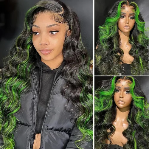 Miniatura 2 de Missyvan - Pelucas de encaje frontal verde para mujeres, ondas corporales, con detalles en negro y verde, tiras de rayas de zorrillo, sin pegamento