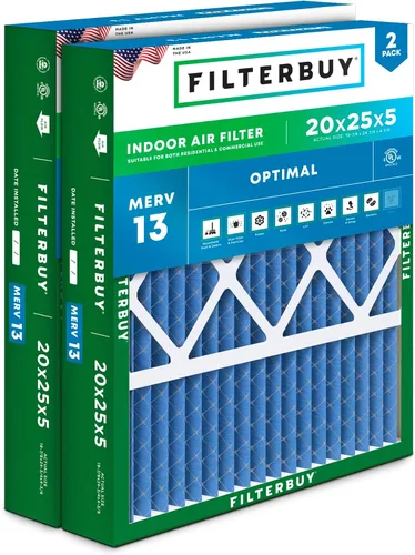 Filterbuy Filtro de Aire MERV 13 de 20 x 25 x 5 pulgadas para defensa óptima contra el humo y las alergias (paquete de 2), filtros plisados para