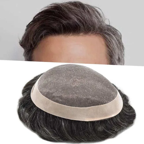 Miniatura 8 de Tupé para hombre, pieza de cabello humano real, monofilamento, tupé para hombres, postizos, unidades de sistema de reemplazo de cabello, gris