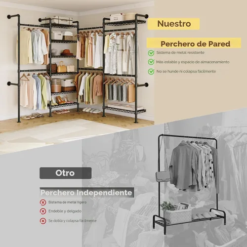 Miniatura 6 de ONBRILL L4 - Perchero industrial de tubería para montar en la pared, sistema organizador de armario con 6 barras de ropa colgantes