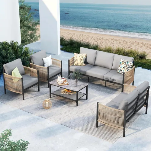 Miniatura 12 de Juego de muebles de aluminio para patio al aire libre con mesa de centro de doble capa, juegos de conversación de patio modernos de 4 piezas