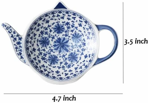 Miniatura 6 de Sizikato 4 portabolsas de té de porcelana azul y blanca para bolsitas de té, posavasos en forma de tetera, cuchara, reposos, aperitivos, plato