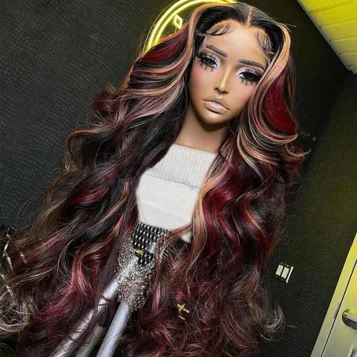 Miniatura 8 de abgese Peluca de cabello humano ondulado con reflejos rojos, pelucas de cabello humano ondulado con encaje frontal, densidad del 180 %, encaje