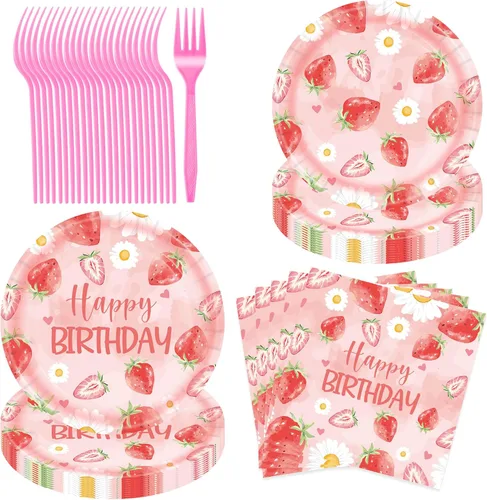 JESTAR Decoración de bayas para primer cumpleaños, decoraciones de fiesta de fresa, 96 platos, servilletas, tenedores, tema de fresa rosa, perfecto