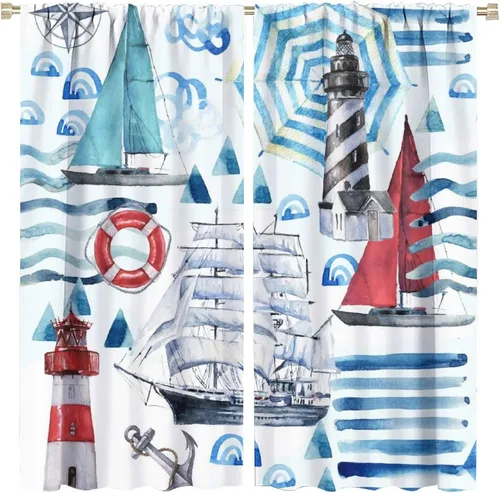 Cortinas opacas con bolsillo para barra de barra, faro, velero, vintage, abstracto, océano, temática náutica, ondas, ancla, juego de tratamiento de