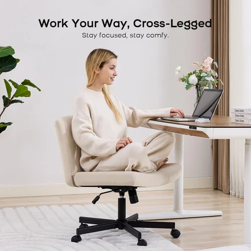 Miniatura 5 de LukkDys Silla cruzada con ruedas, silla de escritorio con patas cruzadas anchas, cómoda silla de tocador de tela para el hogar, oficina, dormitorio