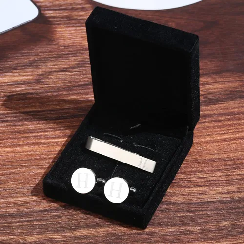Miniatura 18 de LOYALLOOK - Gemelos de acero inoxidable grabados con inicial y clip de corbata, diseño de letras del alfabeto con caja de regalo, A-Z