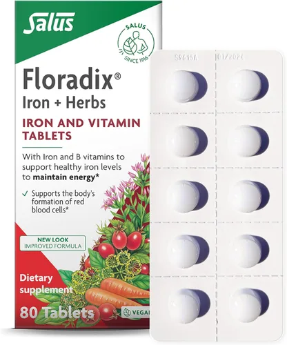 Floradix Tabletas de hierro - Suplemento de hierro con vitaminas B, ácido fólico, vitamina C y más - Apoyo energético - Vegetariano y sin gluten -