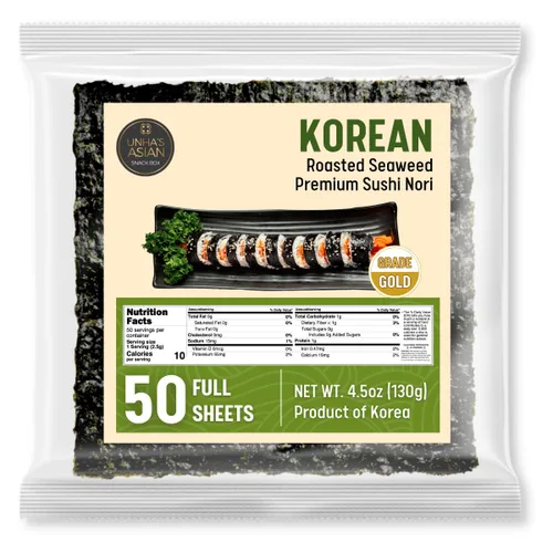 Premium Sushi Nori, hojas de algas tostadas, grado dorado de 50 hojas completas en bolsa resellable, rollos de sushi, maki, kimbap, bolas de arroz
