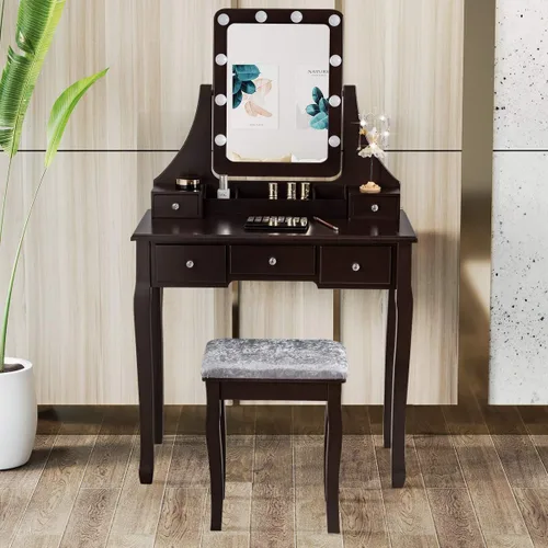 Miniatura 9 de DORTALA Juego de mesa de tocador con espejo rectangular de 360 grados y taburete acolchado, mesa de maquillaje con 10 bombillas LED regulables