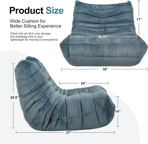 Miniatura 2 de Sillones tipo puf para adultos, puf gigante con espuma viscoelástica, sillón puf con relleno, piel sintética, para la sala, dormitorio u oficina azul