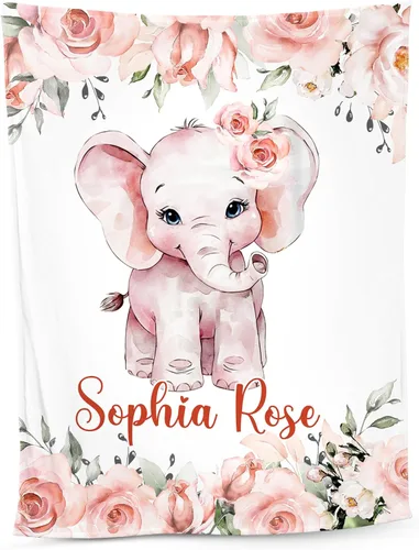 NAZENTI Manta de bebé de elefante personalizada, manta de bebé niña personalizada con nombre y floral, regalo para niñas y niños, recién nacidos,