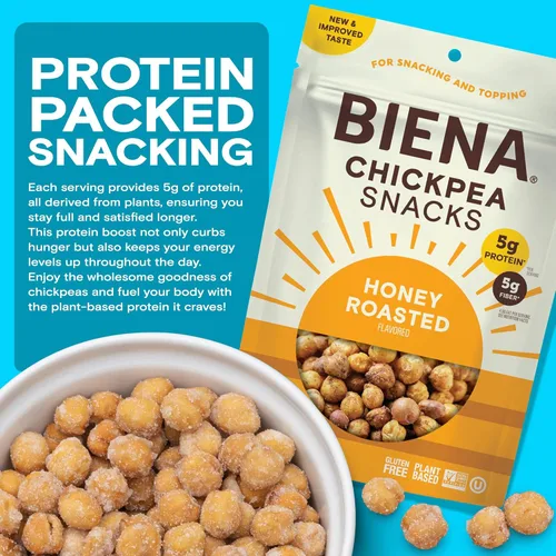 Miniatura 6 de BIENA Chickpea Snacks - Garbanzos tostados crujientes - Snacks ricos en fibra y proteína para adultos y niños - Paquete de 4, bolsas de 5 onzas