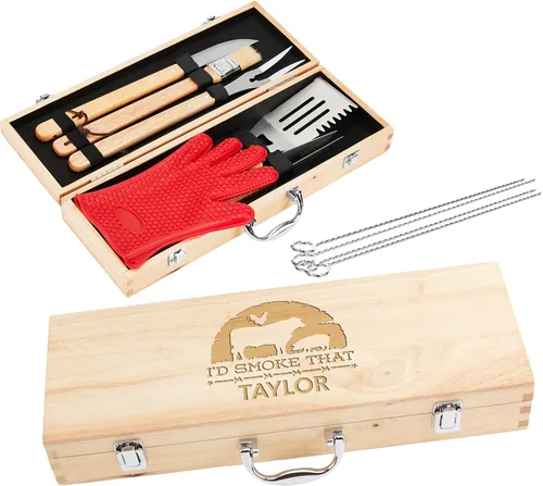 Miniatura 15 de Juego de parrilla BBQ de 11 piezas con caja de madera de arce grabada, herramientas de barbacoa de acero inoxidable premium con mangos de madera