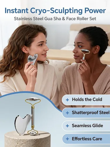 Miniatura 2 de Rodillo facial de acero inoxidable y herramientas faciales Gua Sha, masajeador facial para cuidado personal, rodillo para cara, escultura