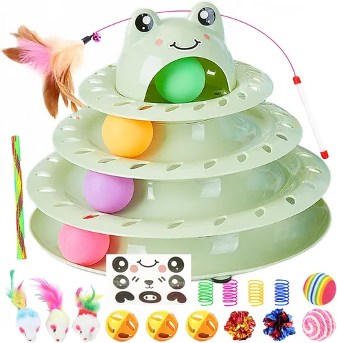 Miniatura 10 de Juguetes para gatos, pista de bola giratoria de 4 niveles, juguete interactivo para gatos de interior, rodillo divertido con bola giratoria Azul