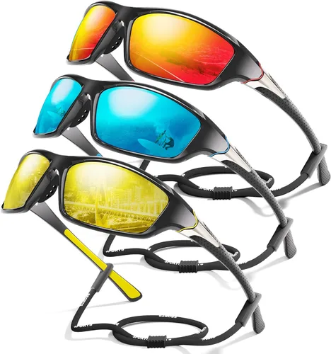 Miniatura 21 de Paquete de 3 lentes de sol deportivos polarizados para hombres, gafas de sol masculinas envolventes con protección UV para ciclismo, pesca