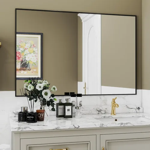 Miniatura 12 de Espejo de baño con marco de metal negro mate, espejo rectangular de tocador de 55 x 36 pulgadas, espejo de pared rectangular grande, antioxidante