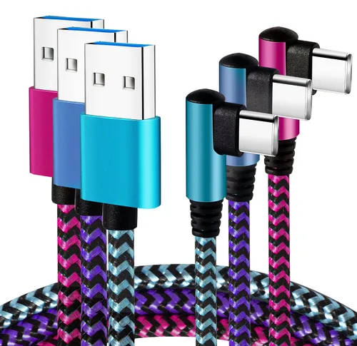Cable USB Tipo C Teeind 2.1A de carga rápida: [90 grados/1.83 m/3 paquetes] Cordón USB C de nylon de ángulo recto compatible con Samsung Galaxy