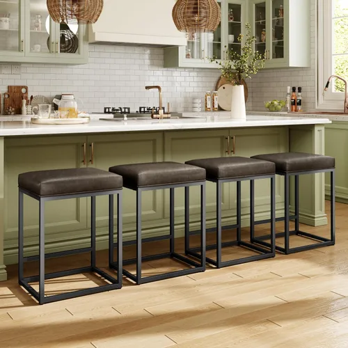 Miniatura 11 de MAISON ARTS - Juego de 3 taburetes de bar de altura para encimera de cocina de 24 pulgadas sin respaldo, modernos taburetes de bar tapizados de piel