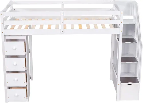 Miniatura 4 de DEINPPA Cama alta de tamaño individual con 4 cajones y estantes de almacenamiento, cama alta de madera con escaleras de almacenamiento, para niños