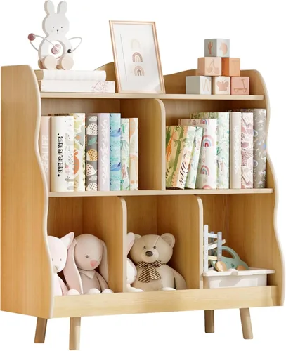Miniatura 7 de Estantería para niños y organizador de juguetes Treocho, estantería de madera para niños de 3 niveles con diseño curvo, 5 compartimentos
