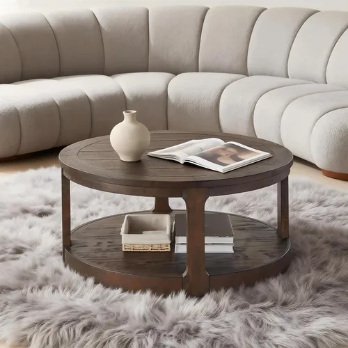 Miniatura 17 de Mesa de centro moderna de madera redonda acanalada, Ø31.5 x 13.8 pulgadas de alto, espacio pequeño, color marrón, tambor circular, centro estriado