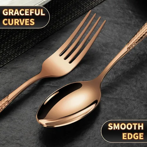 Miniatura 8 de Lemeya Juego de cubiertos martillados de oro rosa martillado de 20 piezas para 4 con cuchillos de forja dentados, juego de cubiertos moderno