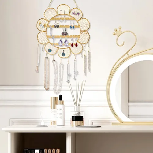 Miniatura 5 de Soporte de aretes en forma de flor montado en la pared, organizador de joyas colgantes, collares de pared, soporte de exhibición de joyas