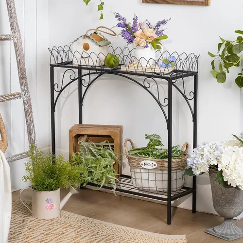 Miniatura 5 de Estante largo negro de doble capa, soporte de metal estilo patio francés para plantas altas en maceta, soporte resistente para macetas interiores
